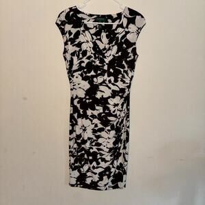 Vintage Ralph Lauren 8 Brown White Stretch Floral Faux Wrap Ruched Dress